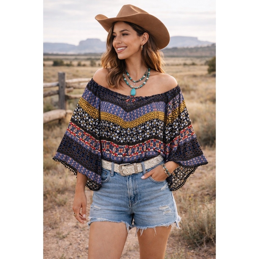 John Paul Richard Women Top L Blue Off Shoulder Flare Pom Trim Bohemian Peasant